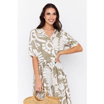   Sofi women’s dress – V-neck wrap dress with button front, elastic waist and belt