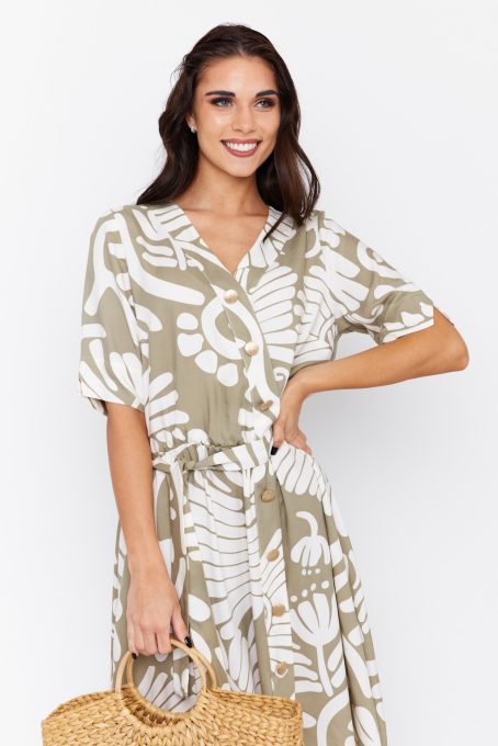 Sofi women’s dress – V-neck wrap dress with button front, elastic waist and belt