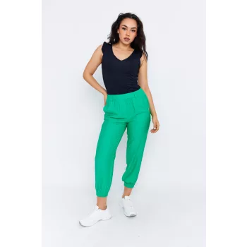   Elvira női lenvászon jogger nadrág – kényelmes, gumis derekú, zsebes nyári nadrág,zöld,L,Tara X Viktori