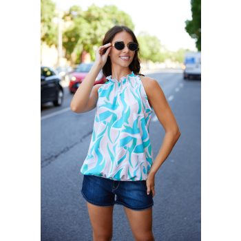   SUNNY női ujjatlan top– gumis aljú, fodros nyakú, elegáns felső,mintás,S-M,TaraxViktori