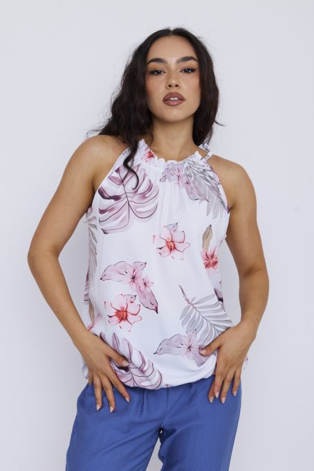 SUNNY női ujjatlan top – gumis aljú, fodros nyakú, elegáns felső,mintás,S-M,TaraxViktori