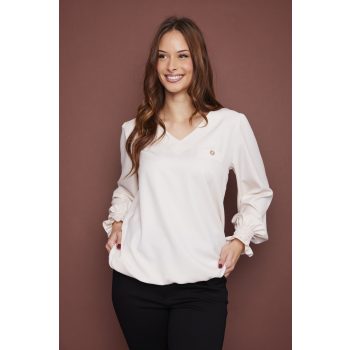   Pomona mintás női blúz V-nyakkivágással és gumírozott ujjakkal,vaj színű ,L-XL,Tara Collection X Viktori