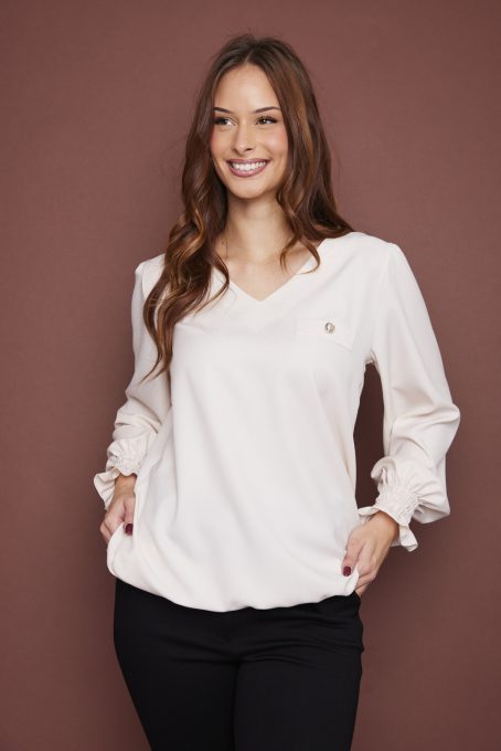 Pomona mintás női blúz V-nyakkivágással és gumírozott ujjakkal,vaj színű ,L-XL,Tara Collection X Viktori