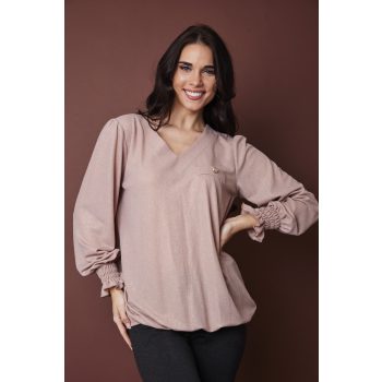   Pomona mintás női blúz V-nyakkivágással és gumírozott ujjakkal,bézs ,S-M,Tara Collection X Viktori