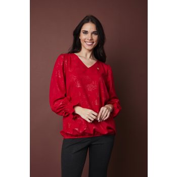   Pomona mintás női blúz V-nyakkivágással és gumírozott ujjakkalpiros-arany mintás ,S-M,Tara Collection X Viktori