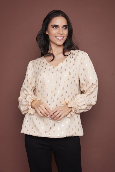 Pomona mintás női blúz V-nyakkivágással és gumírozott ujjakkal,bézs-arany mintás ,S-M,Tara Collection X Viktori