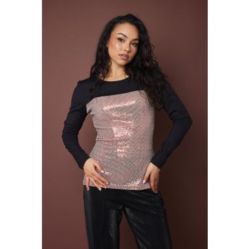   BROOK női póló – csónaknyakú, csipkebetétes felső,fekete-rosegold,S,Tara X Viktori