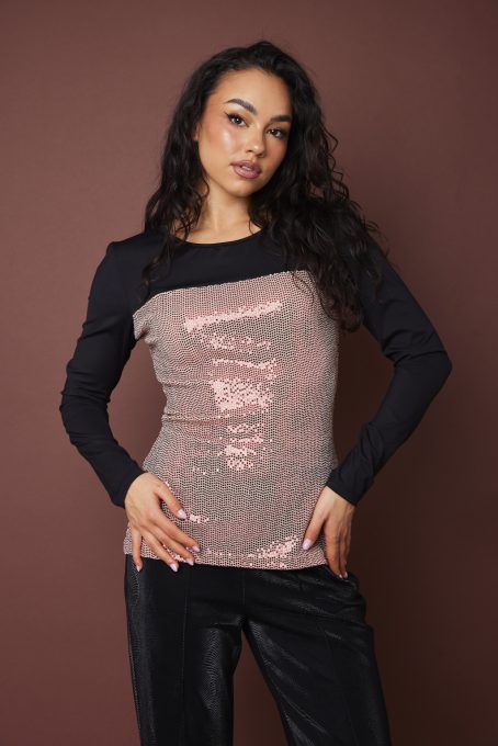 BROOK női póló – csónaknyakú, csipkebetétes felső,fekete-rosegold,XL,Tara X Viktori