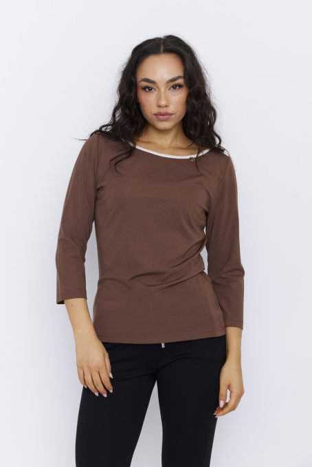SPRING női póló – csónaknyakú, csillámos pánttal,barna,L,Tara X Viktori