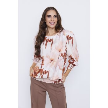   RÓZA női tunika – csónaknyakú, cérnagumis aljú és ujjú, lenge felső,mintás,S,Tara X Viktori