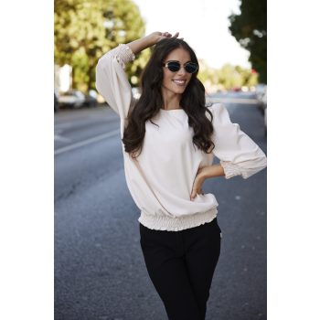   RÓZA női blúz – cérnagumis ujjú és aljú, csónaknyakú blúz,bézs,S,TaraxViktori