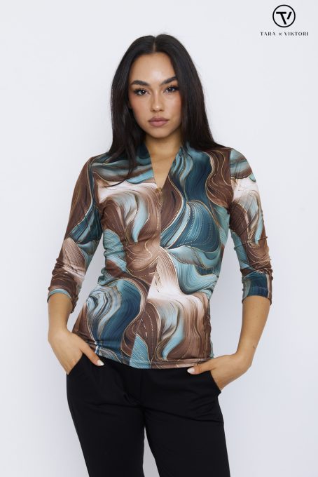 VIOLA női magasított V-nyakú póló – mintás,XL,Tara X Viktori