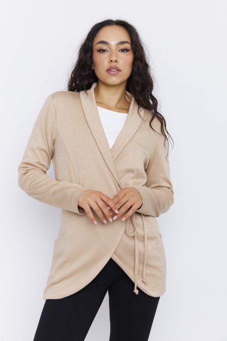JAMILA női kardigán – galléros, oldalt megkötős, kényelmes szabású,bézs,S,Tara X Viktori