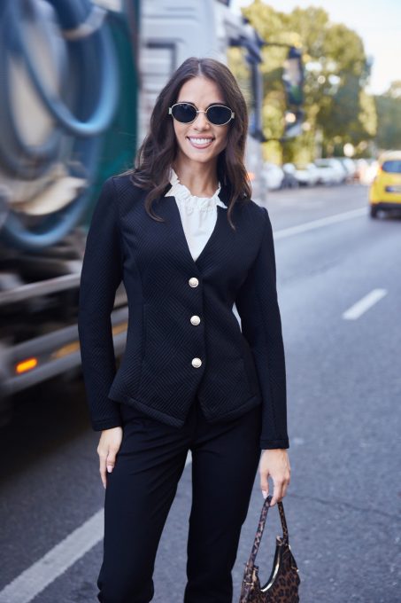 MIA női álló galléros blézer – elegáns,gombos,fekete,M,Tara X Viktori