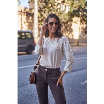   Audrina női elegáns csipkés felső fodros nyakkal,bézs,S,Tara X Viktori