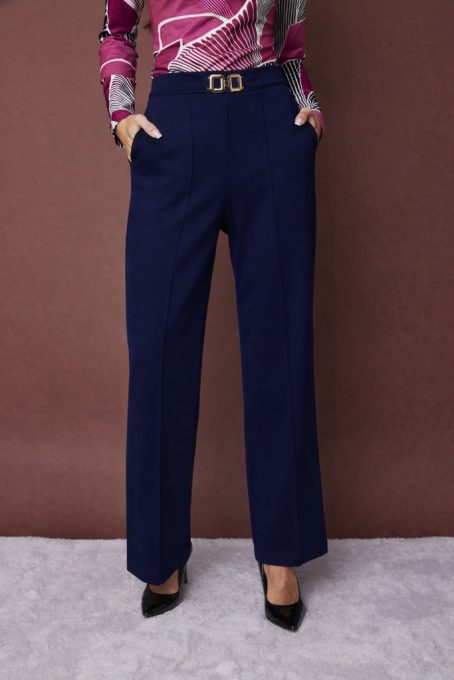 PEARL női elegáns nadrág tűzött éllel és arany díszcsattal – kényelmes gumis derekú nadrág,sötétkék,L,Tara X Viktori