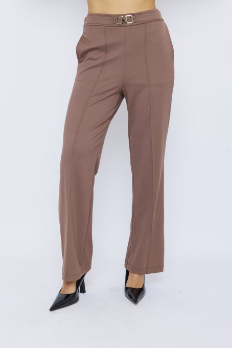 PEARL női elegáns nadrág tűzött éllel és arany díszcsattal – kényelmes gumis derekú nadrág,barna,M,Tara X Viktori