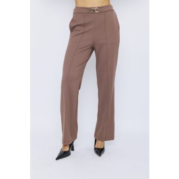   PEARL női elegáns nadrág tűzött éllel és arany díszcsattal – kényelmes gumis derekú nadrág,barna,XL,Tara X Viktori