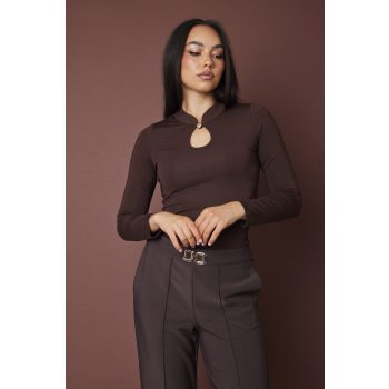   DEVYN női felső orosz gallérral és csepp kivágással – elegáns, hosszú ujjú póló,sötétbarna,L,Tara X Viktori