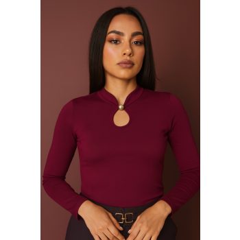   DEVYN női felső orosz gallérral és csepp kivágással – elegáns, hosszú ujjú póló,bordó,XL,Tara X Viktori