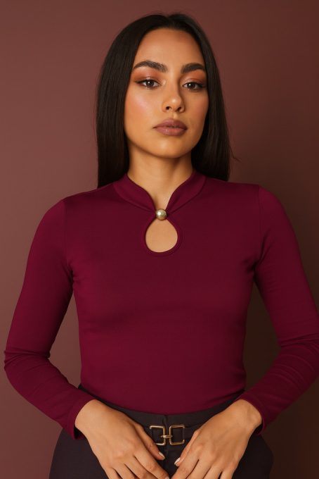 DEVYN női felső orosz gallérral és csepp kivágással – elegáns, hosszú ujjú póló,bordó,XL,Tara X Viktori