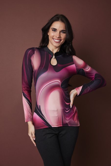 DEVYN női felső orosz gallérral és csepp kivágással – elegáns, hosszú ujjú póló,mintás,L,Tara X Viktori