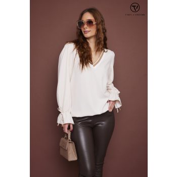   LILIAN női blúz– elegáns V-nyakú felső gumis aljjal és masnis ujjal,bézs,S-M,Tara X Viktori