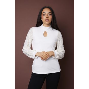   ADELINE női póló, puffos csipke ujjú, garbós nyakú póló csepp alakú kivágással,S,Tara x Viktori