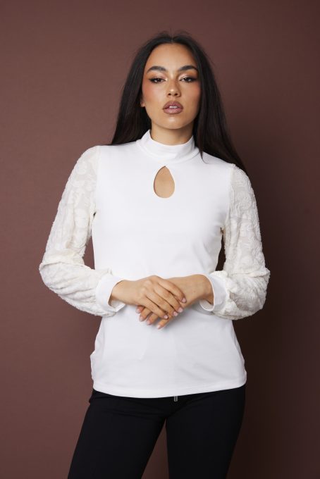 ADELINE női póló, puffos csipke ujjú, garbós nyakú póló csepp alakú kivágással,L,Tara x Viktori