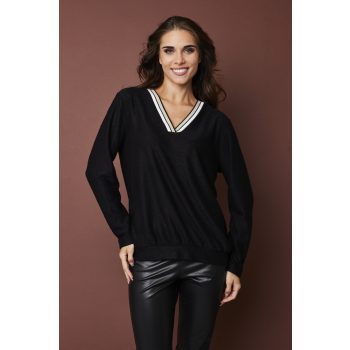  Lissabon női tunika, V-nyakú csíkos gumi passzés saját anyagából passzés aljú,tunika,fekete,L, Tara x Viktori