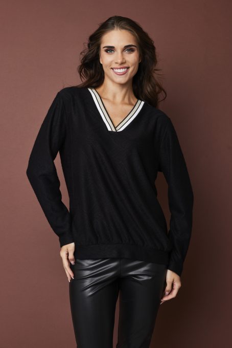 Lissabon női tunika, V-nyakú csíkos gumi passzés saját anyagából passzés aljú,tunika,fekete,L, Tara x Viktori