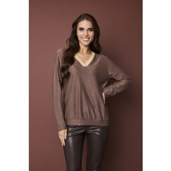   Lissabon női tunika, V-nyakú csíkos gumi passzés saját anyagából passzés aljú,tunika,barna,S, Tara x Viktori