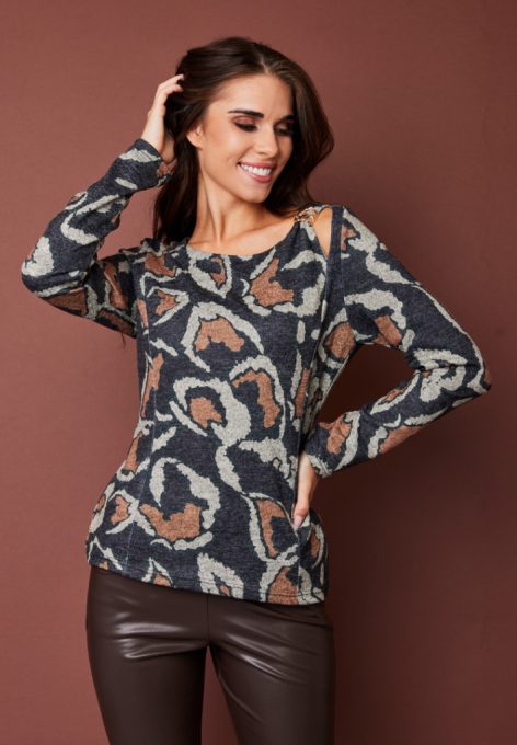 PAULINA női felső vállkivágással és díszcsattal,mintás,M,Tara X Viktori