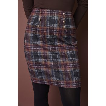   REBECCA women’s fitted checkered skirt with 6 decorative buttons