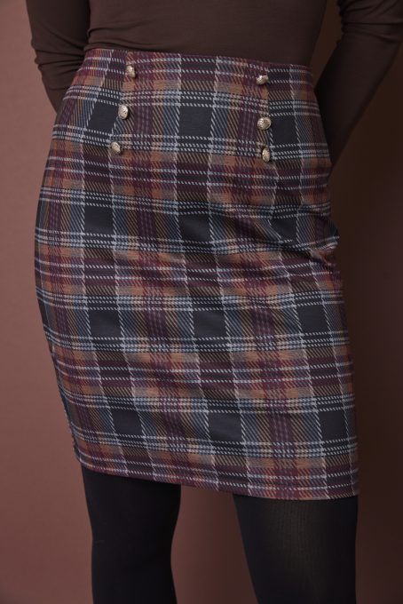REBECCA women’s fitted checkered skirt with 6 decorative buttons