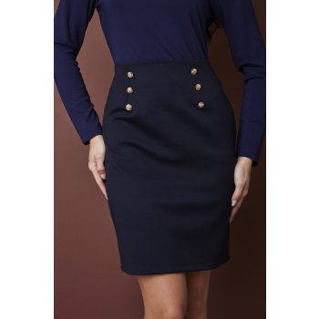   REBECCA women’s fitted checkered skirt with 6 decorative buttons