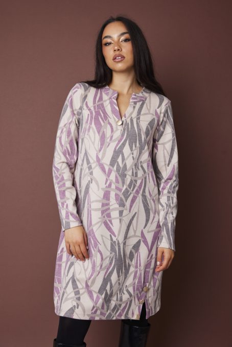 LUDMILLA női tunikaruha,kötött, V-nyakú, gombos díszítéssel,mintás,XL,Tara X Viktori