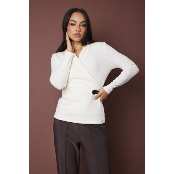   SLOAN női póló sálgallérral, átlapolt fazon, díszcsattal – elegáns, kötött felső,ekrü,S,Tara X Viktori