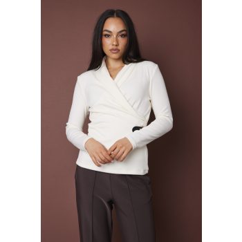   SLOAN női póló sálgallérral, átlapolt fazon, díszcsattal – elegáns, kötött felső,ekrü,M,Tara X Viktori