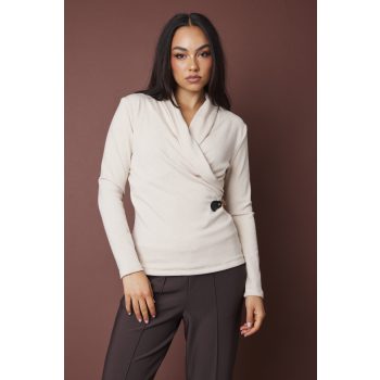   SLOAN női póló sálgallérral, átlapolt fazon, díszcsattal – elegáns, kötött felső,világosbézs,S,Tara X Viktori