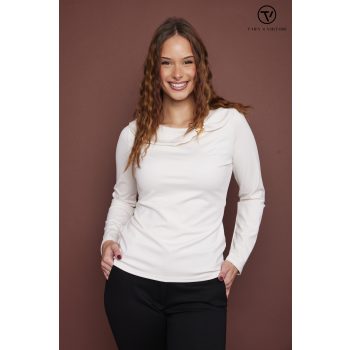   CHARLOTTA women's top – draped neckline with decorative brooch, in solid and patterned versions