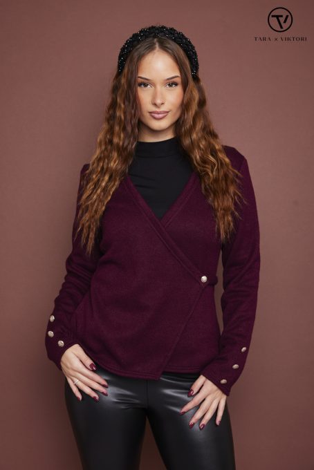 LIZZIE női kardigán átlapolt fazonban, díszgombokkal,bordó,M,Tara X Viktori