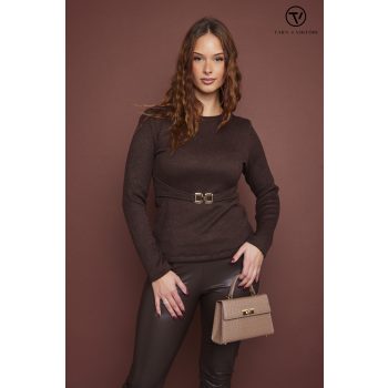   SHARMILA női póló, környakas, derekán csattal díszített póló,barna,S,Tara X Viktori