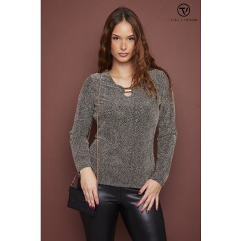   AMILLA női csillogós póló v-nyakú díszcsatos elegáns felső,bronzos,S,Tara X Viktori