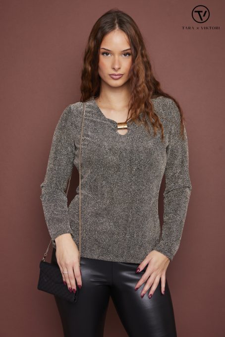 AMILLA női csillogós póló v-nyakú díszcsatos elegáns felső,bronzos,M,Tara X Viktori