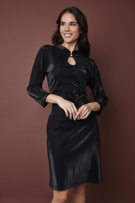 ROBIN női ruha orosz gallérral, csepp kivágással és szatén díszítéssel,fekete,XL,Tara X Viktori