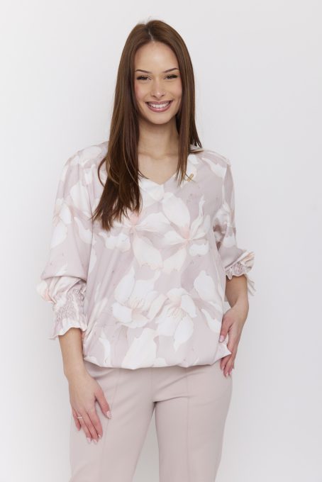 Pomona mintás női blúz V-nyakkivágással és gumírozott ujjakkal,mintás ,S-M,Tara Collection X Viktori