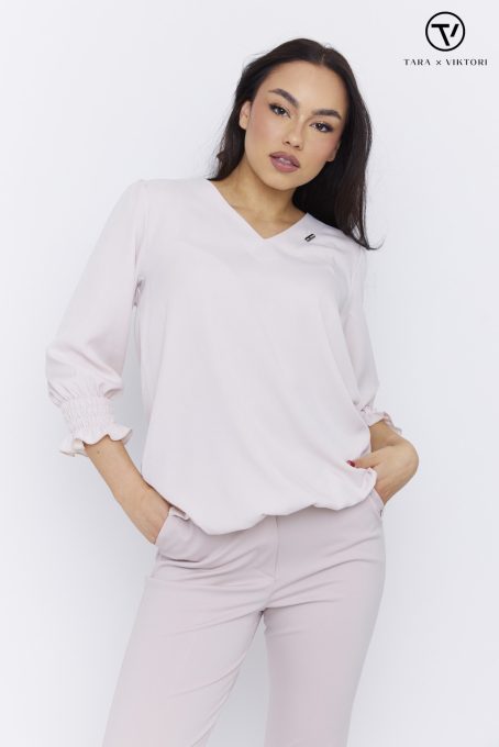 Pomona mintás női blúz V-nyakkivágással és gumírozott ujjakkal ,bézs,L-XL,Tara Collection X Viktori