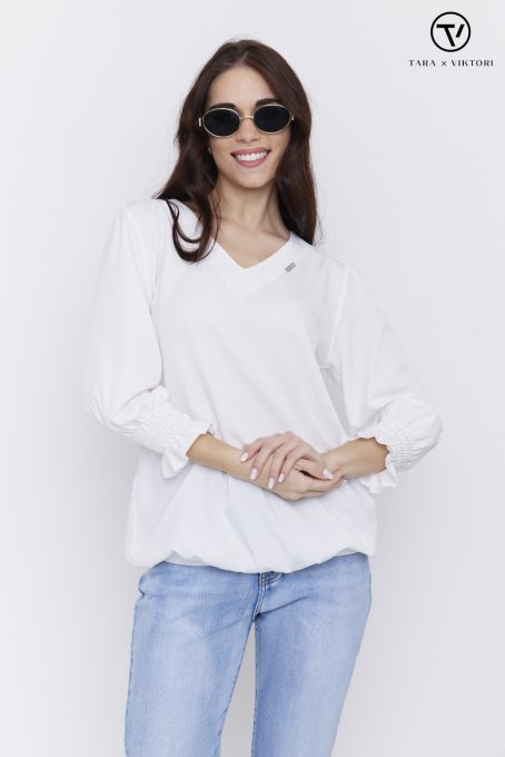 Pomona mintás női blúz V-nyakkivágással és gumírozott ujjakkal ,ekrü,L-XL,Tara Collection X Viktori