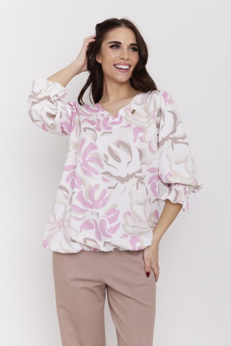 Pomona mintás női blúz V-nyakkivágással és gumírozott ujjakkal,mintás ,S-M,Tara Collection X Viktori